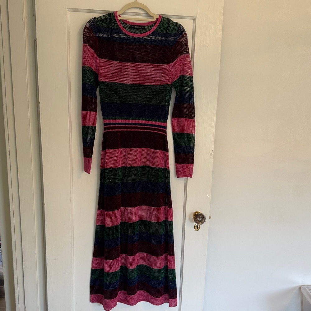 Zara Knit Pink and Green Striped Long Sleeve Dress